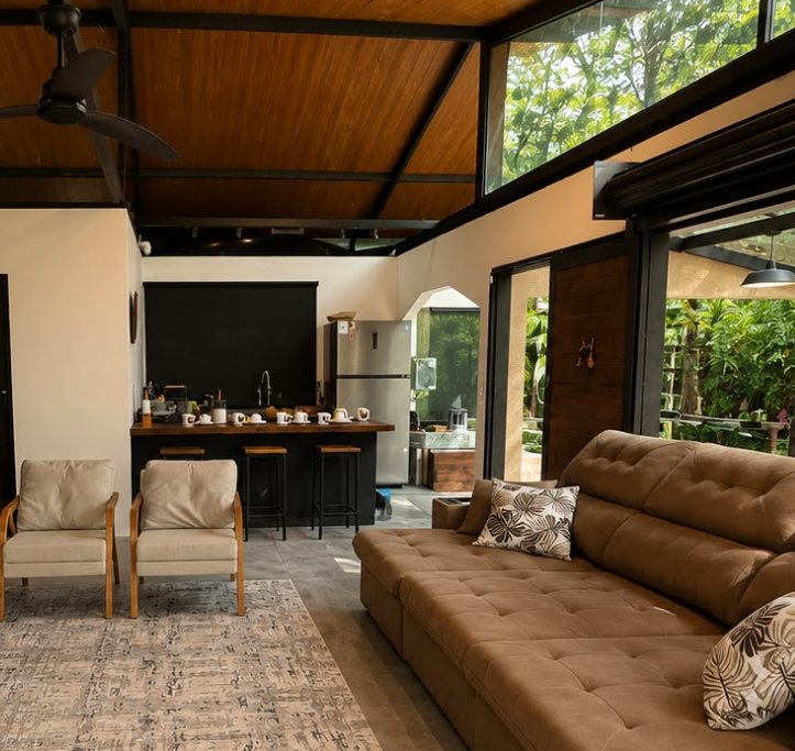 Interior da casa com sala de estar e cozinha